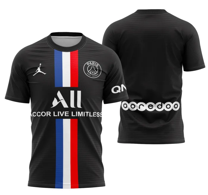 Camiseta preta unissex com logo no peito e estampa grande nas costas da 4ª Equipe PSG 2019-2020, perfeita para fãs que buscam estilo e conforto.