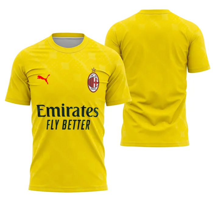 Camiseta unissex preta com logo no peito e estampa grande nas costas, inspirada no AC Milan Terceiro Kit 25-26, ideal para fãs do time e estilo esportivo moderno.