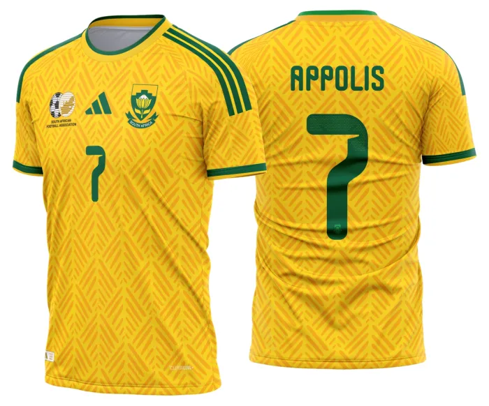 Camiseta unissex preta com logo no peito e estampa grande nas costas inspirada na Africa do Sul Titular 2026-2028, design moderno e vibrante, perfeita para mostrar paixão pelo time
