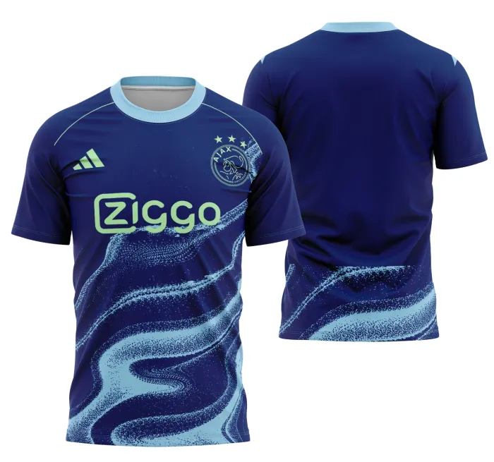 Camiseta unissex branca com logo no peito e estampa grande nas costas do Ajax Uniforme Reserva 2025-26, ideal para fãs do time e colecionadores.