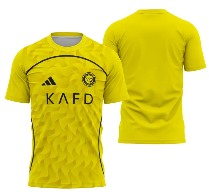 Camisa preta unissex com logo no peito e estampa grande nas costas da Al Nassr, uniforme principal 25-26, estilo moderno e esportivo para fãs do time