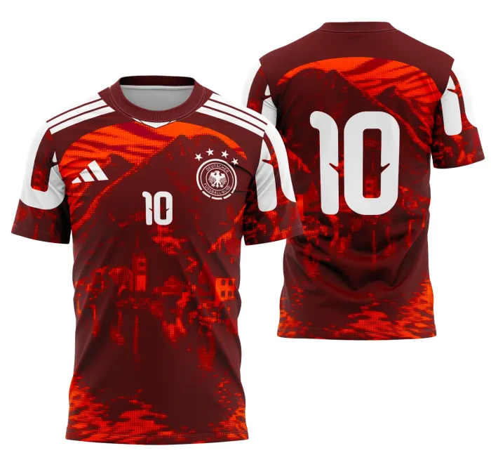 Camiseta unissex preta com logo no peito e estampa grande nas costas inspirado na seleção da Alemanha no terceiro kit conceito 2026.