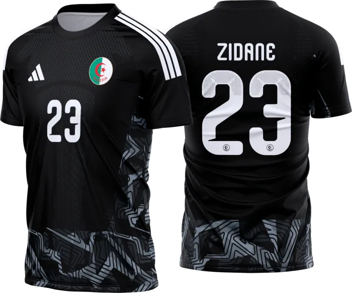 Camiseta unissex preta com logo no peito e estampa grande nas costas do goleiro da seleção da Algéria 2026-2028, visual vibrante e cheio de energia para torcedores e fãs.