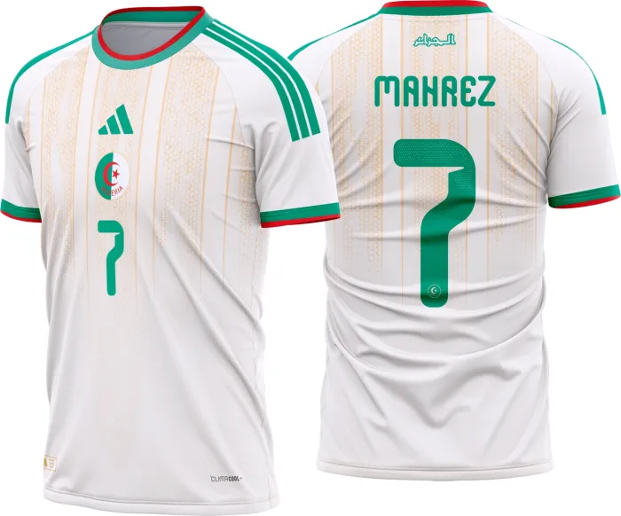 Camiseta unissex branca com logo no peito e estampa grande nas costas da seleção da Algéria titular 2026 a 2028, design moderno e vibrante para fãs do futebol.