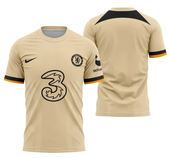Camiseta unissex preta com logo no peito e estampa grande nas costas inspirada no Chelsea 2022-2023, visual moderno e esportivo, perfeita para fãs da equipe.