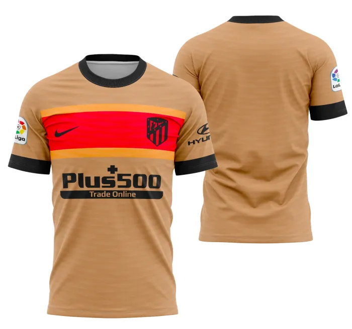 Camiseta preta unissex com logo no peito e estampa grande nas costas baseada na camisa alternativa do Atlético de Madrid 2022-2023, perfeita para fãs do clube que querem um visual moderno e marcante.