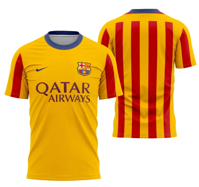 Camiseta unissex preta com logo no peito e estampa grande nas costas do Barcelona 2015-2016, destacando o visual único da camisa alternativa para torcedores e fãs de futebol.