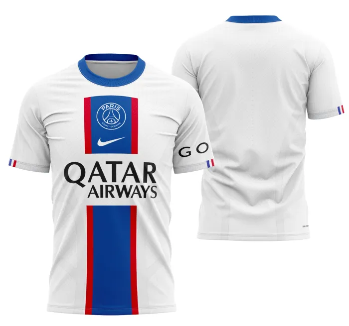 Camiseta unissex preta com logo no peito e estampa grande nas costas do time PSG 2022-2023, ideal para torcedores que buscam estilo e conforto.