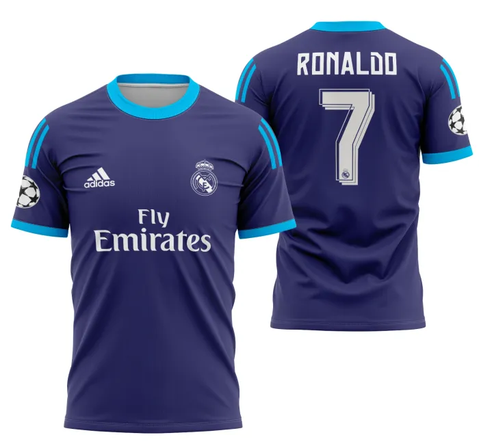 Camiseta preta unissex com logo no peito e estampa grande nas costas do tema Camisa Alternativa Real Madrid 2015-2016, estilo moderno e esportivo, perfeita para torcedores e fãs do futebol.