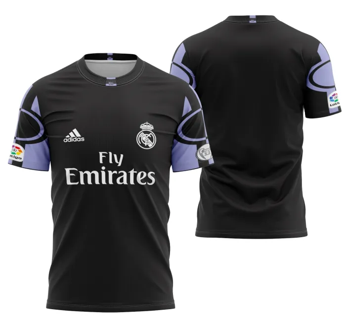 Camiseta unissex preta com logo no peito e estampa grande nas costas do Real Madrid 2016-2017, ideal para fãs que buscam estilo alternativo e moderno.