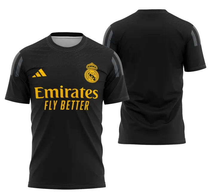 Camiseta unissex preta com logo no peito e estampa grande nas costas inspirada na camisa alternativa Real Madrid 2023-2024, ideal para torcedores que buscam estilo e conforto.