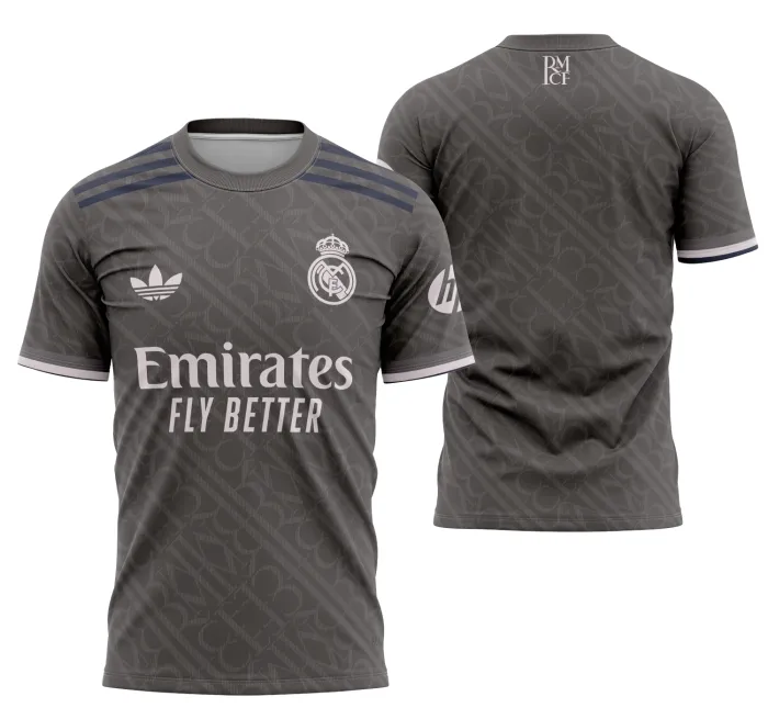 Camiseta unissex preta com logo no peito e estampa grande nas costas inspirada na camisa alternativa Real Madrid 2024-2025, ideal para fãs do time e estilo moderno.