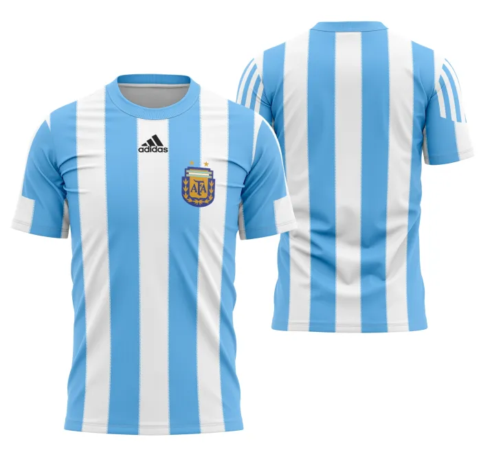 Camiseta unissex branca com logo no peito e estampa grande nas costas da camisa Argentina Casa 2010, mostrando design clássico e cores vibrantes no material leve e confortável.