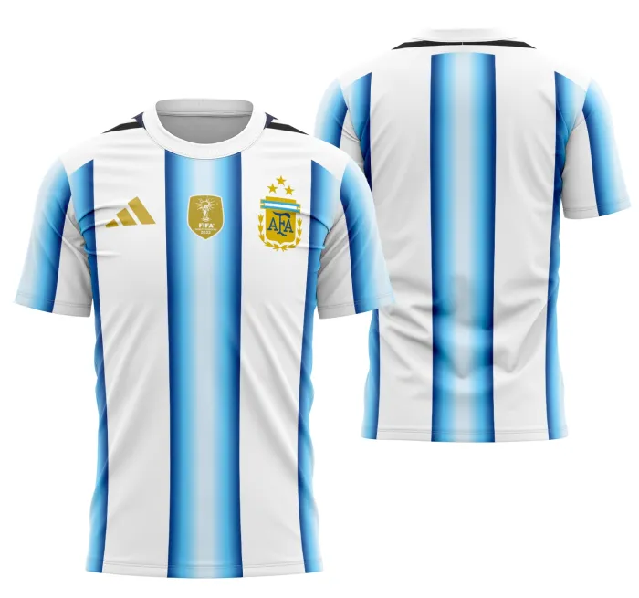 Camiseta unissex branca com logo no peito e estampa grande nas costas inspirada na camisa Argentina Casa 2026 Vazamento, perfeita para fãs e colecionadores.