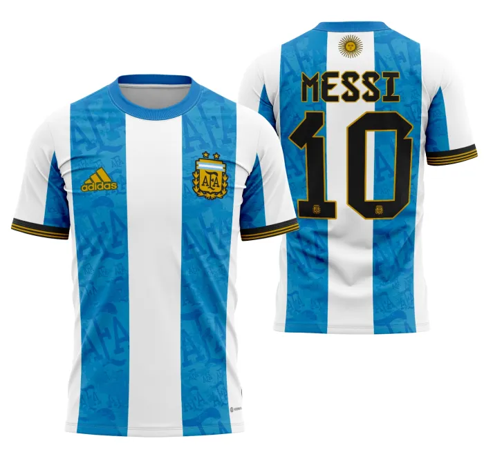 Camiseta unissex branca com logo no peito e estampa grande nas costas, tema Camisa Argentina Concept 2022 Modelo 1, estilo moderno e esportivo