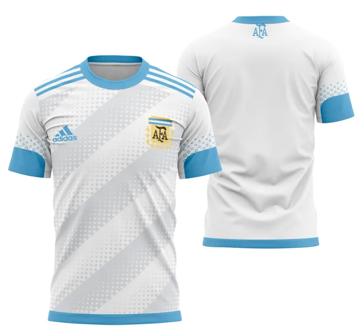 Camiseta unissex branca com logo no peito e estampa grande nas costas inspirada no conceito Argentina Concept 2023, moderno e elegante para qualquer ocasião casual.
