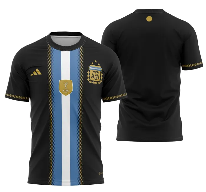 Camiseta unissex branca com logo no peito e estampa grande nas costas inspirada na camisa Argentina Concept 2023 Modelo 4, ideal para fãs do futebol argentino.