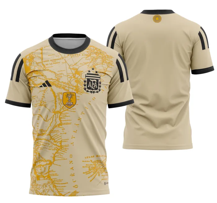 Camiseta unissex preta com logo no peito e estampa grande nas costas do design inspirado na Camisa Argentina Concept 2023 Modelo 5, perfeita para um visual moderno e esportivo.