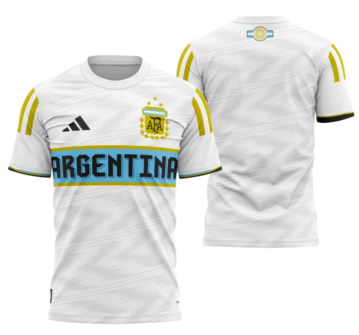 Camiseta unissex preta com logo no peito e estampa grande nas costas, tema Camisa Argentina Concept 2024 Modelo 4, design moderno e esportivo, ideal para fãs da seleção.