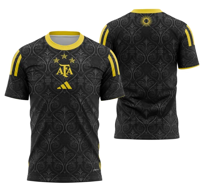 Camiseta unissex branca com logo no peito e estampa grande nas costas inspirada na camisa Argentina Concept 2025 Modelo 2, perfeita para torcedores e fãs de futebol.