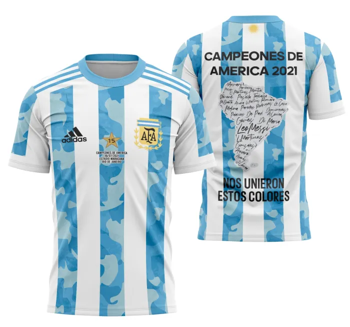 Camiseta unissex preta com logo no peito e estampa grande nas costas da Argentina Copa America 2021, ideal para torcedores e fãs do futebol sul-americano.