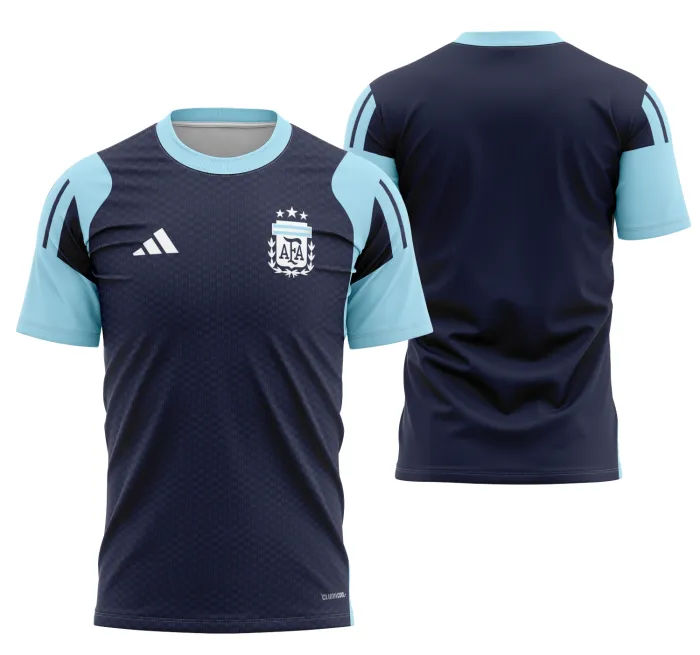 Camiseta unissex branca com logo no peito e estampa grande nas costas, tema Argentina Entreno 2026, estilo moderno e esportivo, perfeita para treino e uso casual.