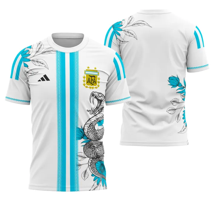 Camiseta unissex branca com logo no peito e estampa grande nas costas, tema Camisa Argentina Interclasse 2025, perfeita para eventos e torcida