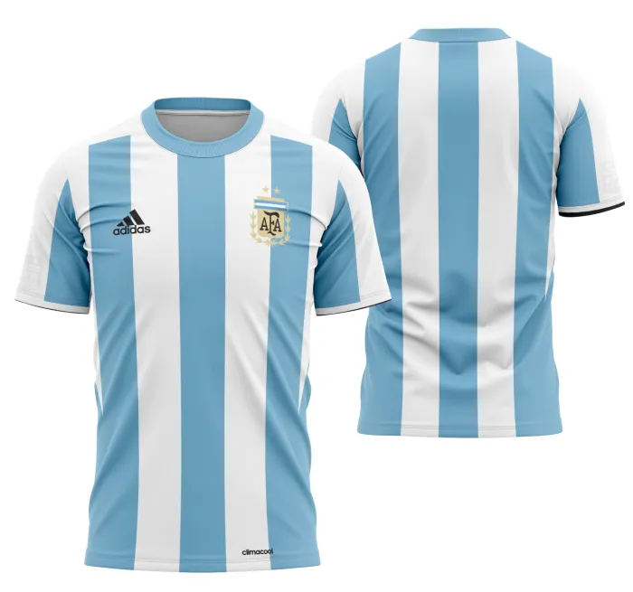 Camiseta unissex branca com logo no peito e estampa grande nas costas inspirada na camisa Argentina Local 2016, ideal para fãs de futebol e torcedores apaixonados.
