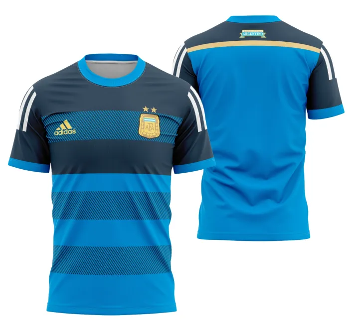 Camiseta preta unissex com logo no peito e estampa grande nas costas, tema Camisa Argentina Visita 2014, design esportivo e moderno.