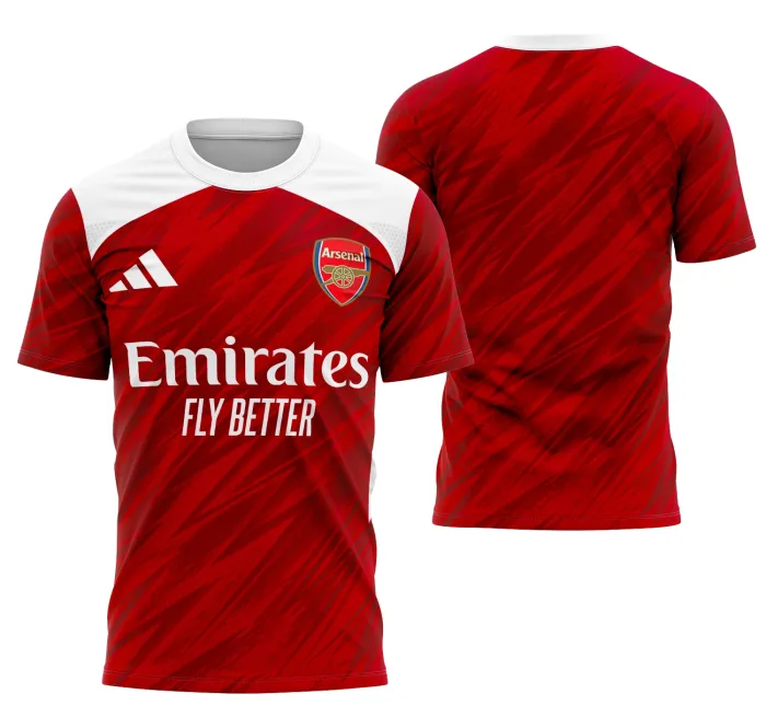 Camiseta unissex preta com logo no peito e estampa grande nas costas do Arsenal Conceito, estilo moderno e esportivo para quem ama futebol e design arrojado.