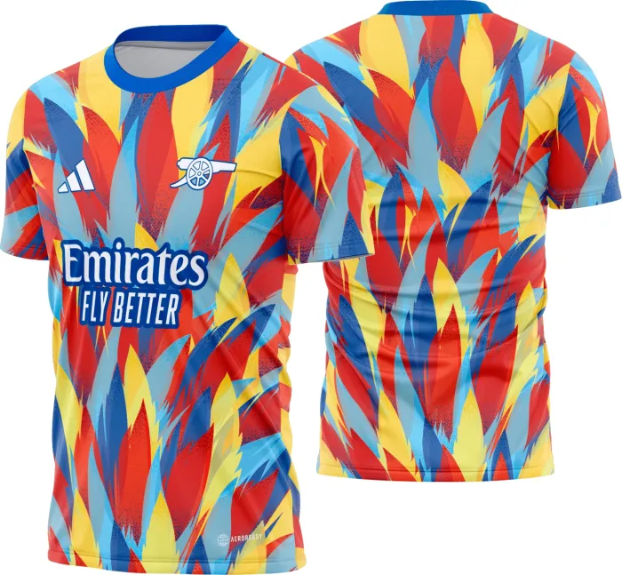 Camiseta preta unissex com logo no peito e estampa grande nas costas temática Arsenal Pré-Jogo 2025-26, ideal para fãs do futebol e torcedores do clube inglês.
