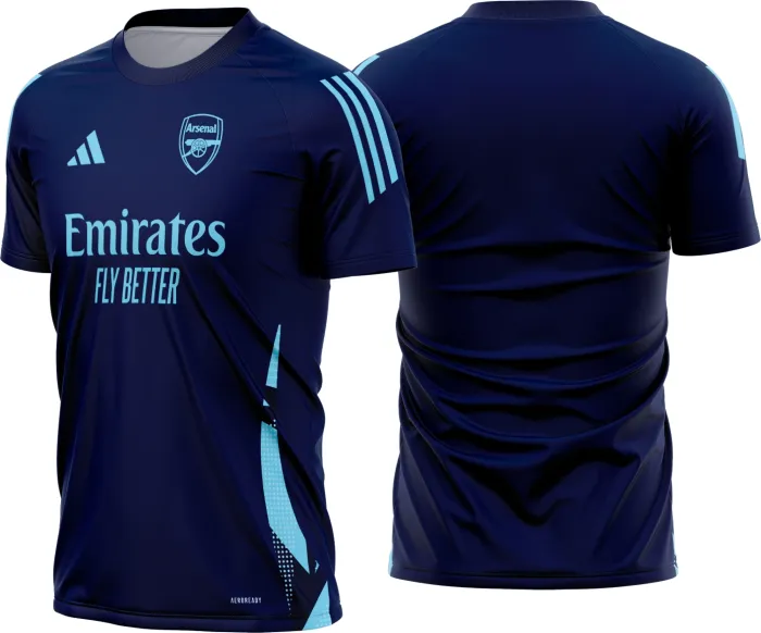 Camiseta unissex preta com logo no peito e estampa grande nas costas do time Arsenal Treino 2025-26, ideal para fãs e uso casual, visual moderno e esportivo.