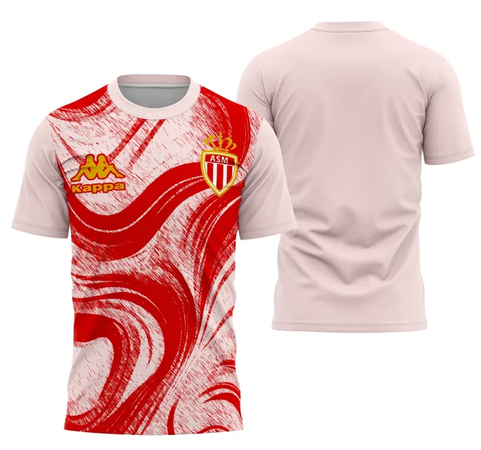 Camiseta unissex preta com logo no peito e estampa grande nas costas inspirada no AS Monaco, ideal para fãs do clube e estilo esportivo.