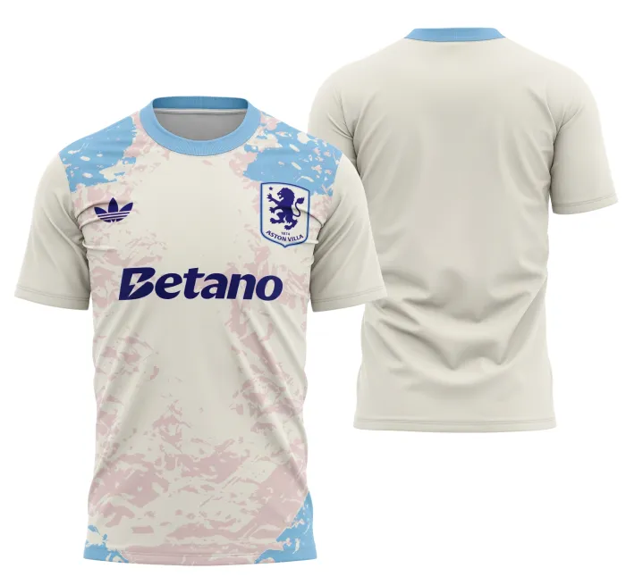 Camisa unissex preta com logo no peito e estampa grande nas costas inspirada no Aston Villa terceiro uniforme 2025-26, perfeita para fãs e colecionadores organizarem seu material esportivo.