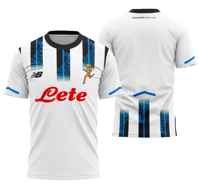 Camiseta unissex preta com logo no peito e estampa grande nas costas do Atalanta Uniforme Reserva 25-26, perfeita para fãs do futebol e designers criativos.