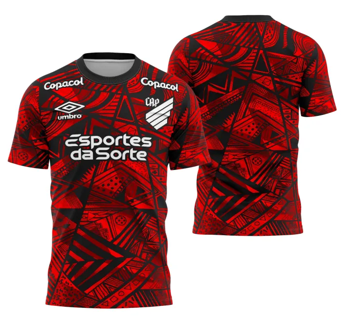 Camiseta unissex preta com logo no peito e estampa grande nas costas inspirada no Athletico Paranaense Conceito, moderna e estilosa para torcedores e fãs.