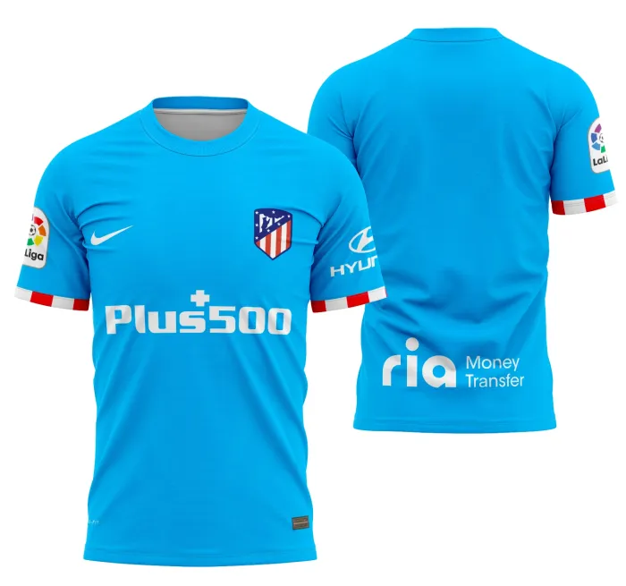 Camiseta unissex preta com logo no peito e estampa grande nas costas do Atlético De Madrid Alternativa 2021-2022, visual moderno e futebolístico.