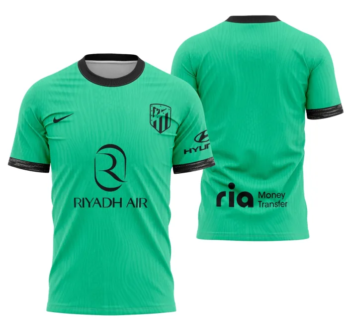 Camisa preta unissex com logo no peito e estampa grande nas costas inspirada no Atlético De Madrid Alternativa 2023-2024, estilo moderno e vibrante para torcedores