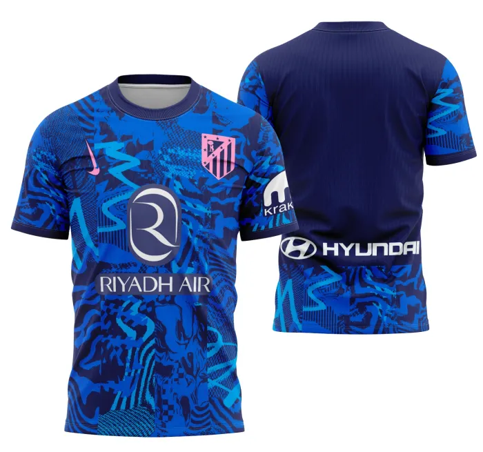 Camiseta unissex preta com logo no peito e estampa grande nas costas do Atlético De Madrid Alternativa 2024-2025, ideal para torcedores que buscam estilo e conforto.