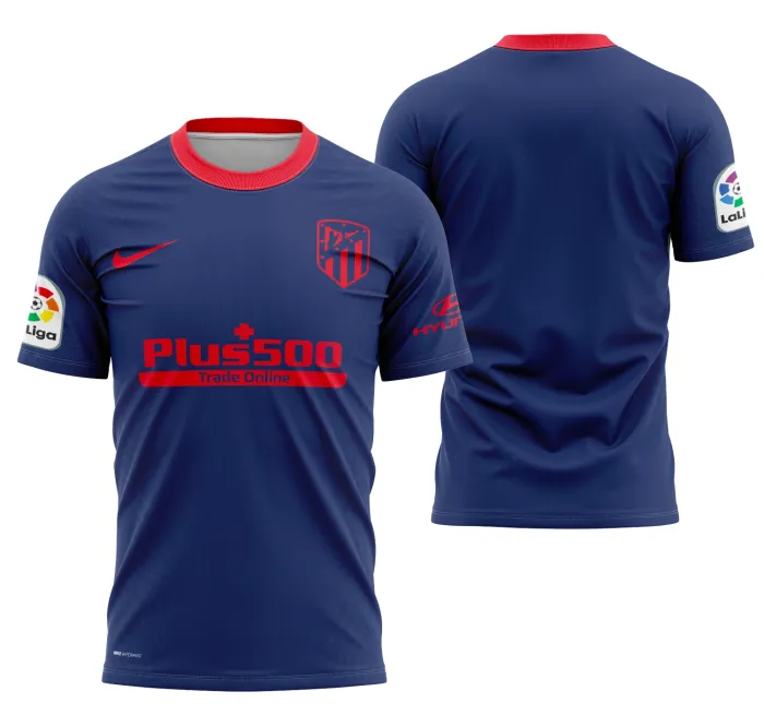 Foto de camiseta unissex preta com logo do Atlético no peito e estampa grande nas costas com tema Atlético De Madrid Fora 2020-2021, ideal para fãs do time