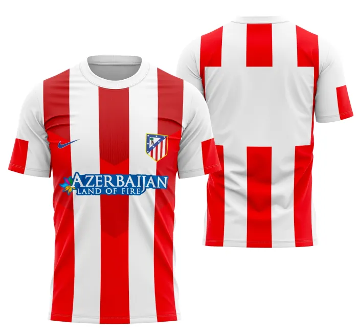 Camisa unissex com cor base preta, logo no peito e estampa grande nas costas inspiradas na Camisa Atlético De Madrid Home 2014-2015.