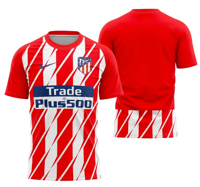 Camiseta unissex preta com logo no peito e estampa grande nas costas do Atlético De Madrid Home 2017-2018, perfeita para torcedores apaixonados da equipe.