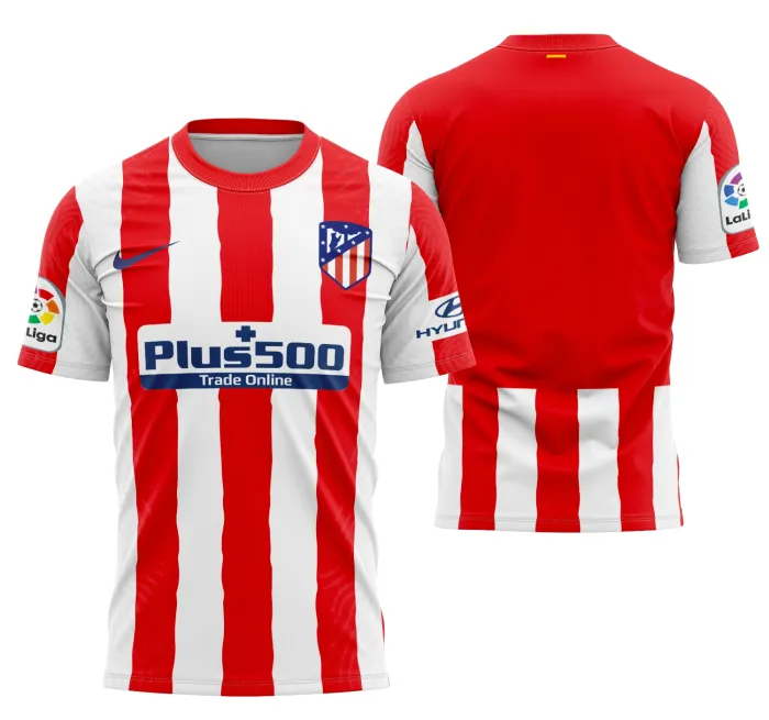 Camiseta unissex preta com logo no peito e estampa grande nas costas do Atlético De Madrid Home 2020-2021 em destaque, ideal para fãs do time mostrarem sua paixão com estilo e conforto.