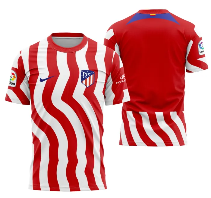 Camisa unissex preta com logo no peito e estampa grande nas costas mostrando o Atlético De Madrid Home 2022-2023, ideal para torcedores ousados e apaixonados pelo futebol.