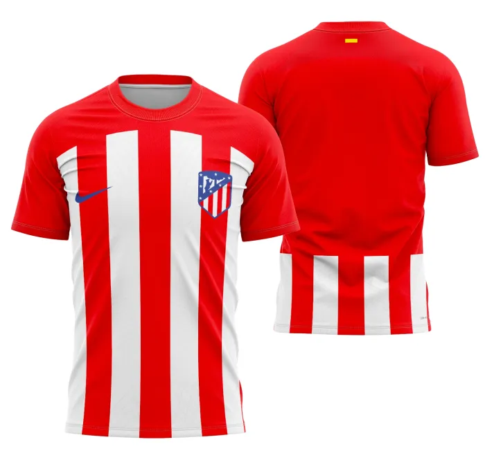 Camisa preta unissex com logo no peito e estampa grande nas costas do Atlético De Madrid Home 2023-2024, mostrando design esportivo e moderno para torcedores do time.