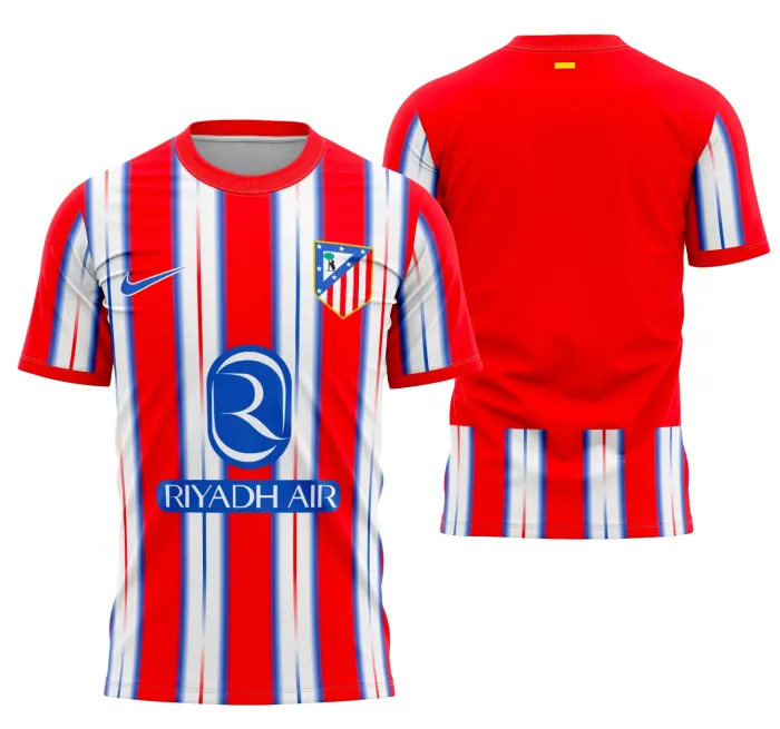 Camiseta unissex preta com logo no peito e estampa grande nas costas, inspirada na camisa Atlético De Madrid Local 2024-2025, ideal para fãs do time.