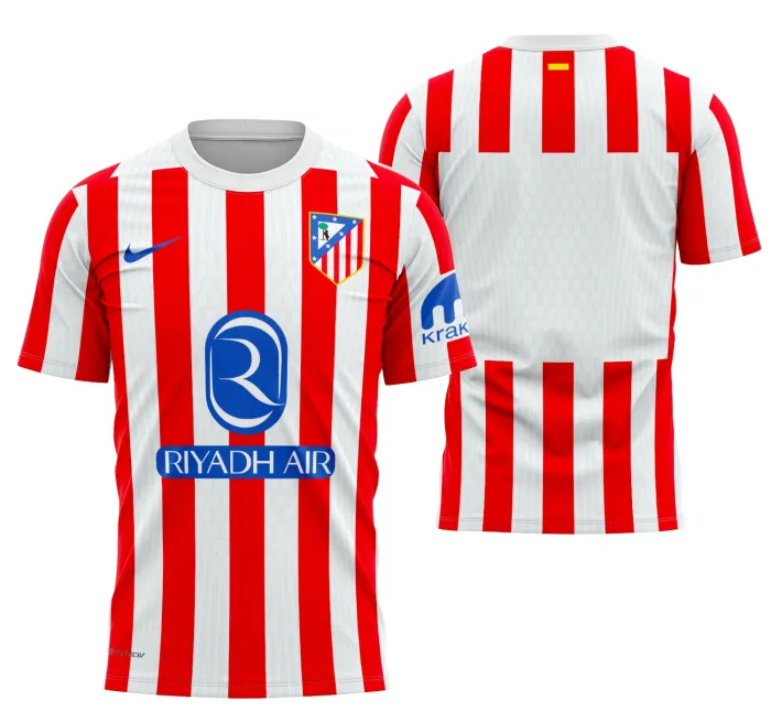 Camiseta unissex branca com logo no peito e estampa grande nas costas, design Atlético De Madrid Local 2025-2026, perfeita para torcedores com estilo e paixão no visual.