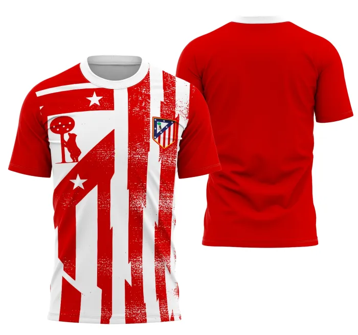 Camisa unissex preta com logo no peito e estampa grande nas costas inspirada no Atletico DE MADRID Pré-jogo 25-26, ideal para seguidores do time.