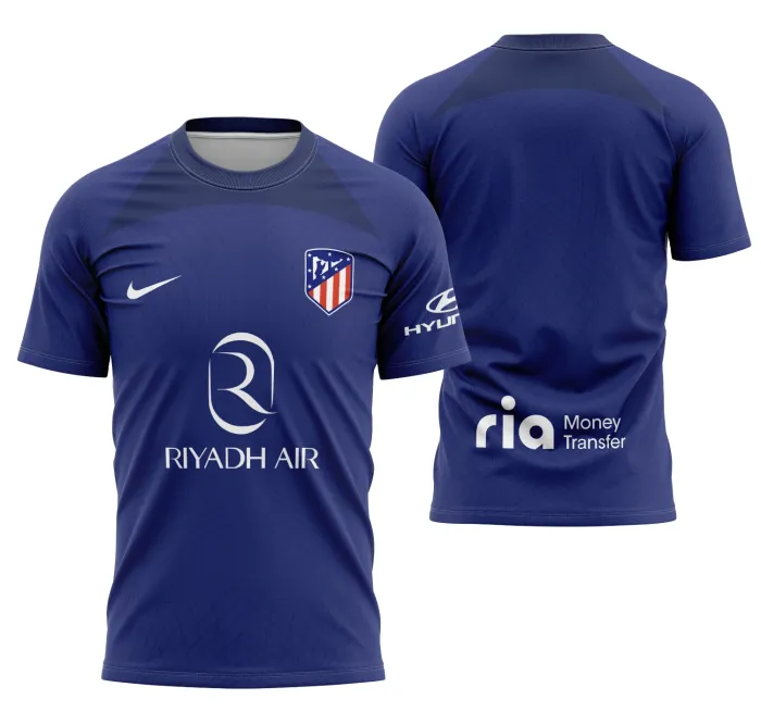 Camiseta unissex branca com logo no peito e estampa grande nas costas do Atlético De Madrid Quarto 2023-2024, ideal para fãs do time que buscam estilo e conforto.