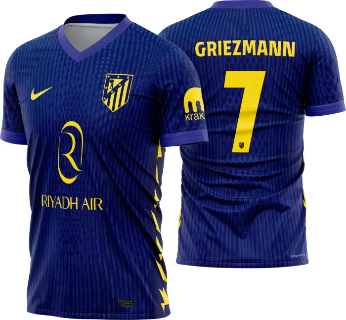 Camiseta unissex preta com logo no peito e estampa grande nas costas do Atletico de Madrid Reserva 2025-26, ideal para fãs do time e colecionadores